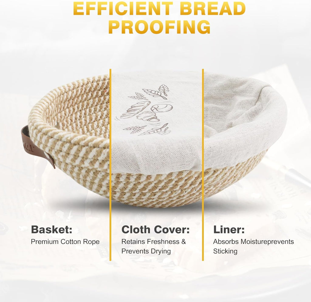 Nikkar Banneton Bread Proofing Basket Set - Round & Oval Cotton Rope Bowls, 9-11 Inches, Perfect for Sourdough Baking