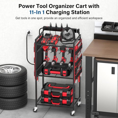 JUNNUJ Power Tool Organizer Cart - Heavy-Duty Rolling Storage with 8 Outlets & 3 USB Ports | Large Utility Rack