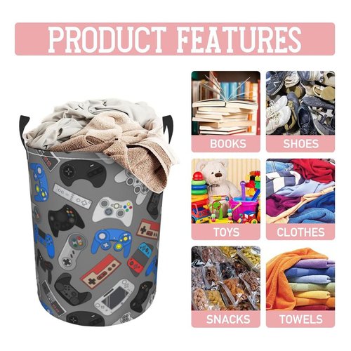 Jbofyee Video Game Grey Background Laundry Hamper Bag With Waterproof Liner - Gaming Theme Round Laundry Basket Foldable Clothes Storage Organizer For Bathroom Bedroom Nursery Dorm, S-16.5"X 13.8"