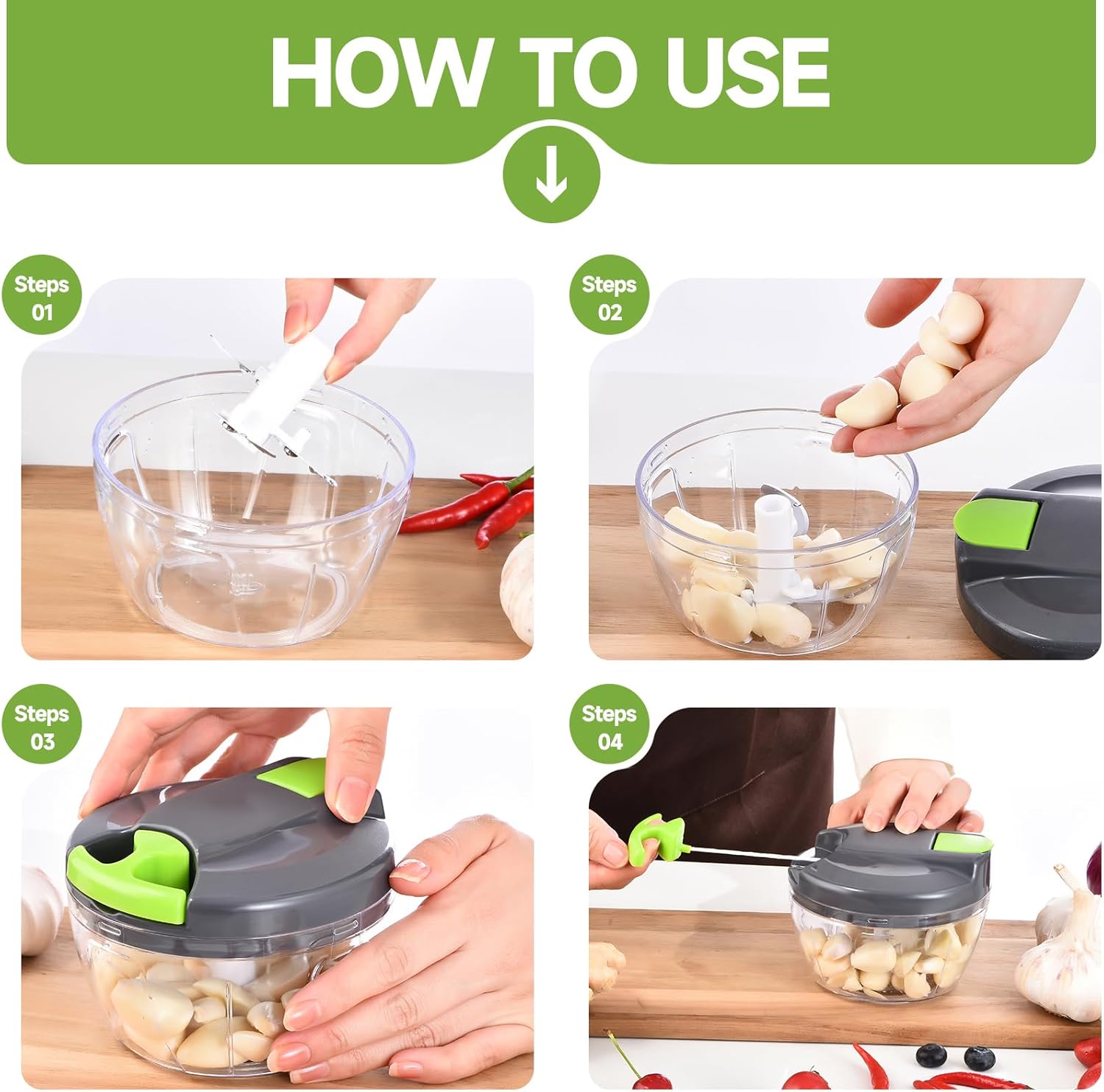 Skiennix Manual Food Processor - Portable Hand-Pull Vegetable Chopper | 500ml Gray-Green Mincer for Garlic, Onions & More