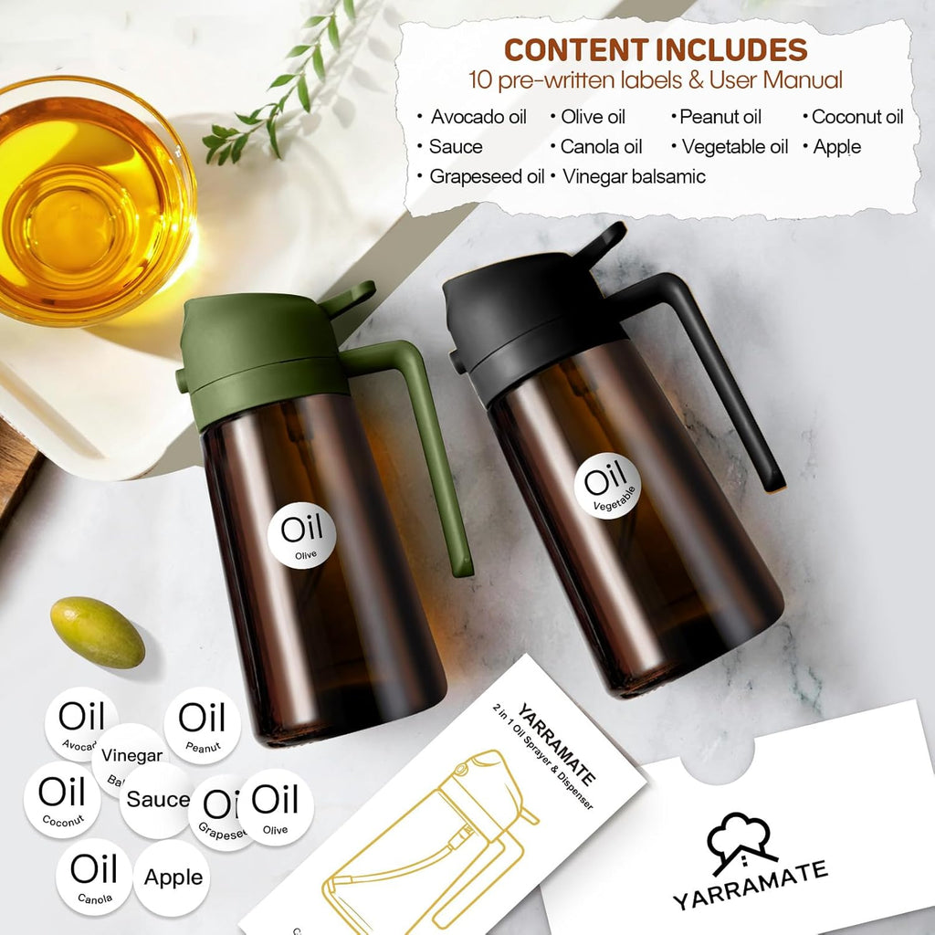 YARRAMATE 2Pcs Dark Brown Oil Sprayer - Food-Grade 2 in 1 Olive Oil Dispenser | 16oz for Cooking & BBQ