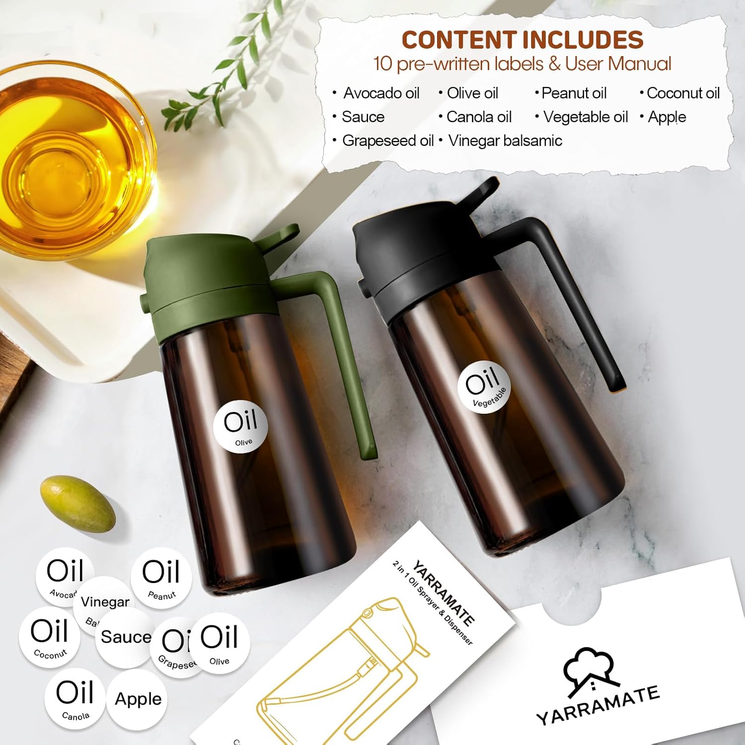 YARRAMATE 2Pcs Dark Brown Oil Sprayer - Food-Grade 2 in 1 Olive Oil Dispenser | 16oz for Cooking & BBQ