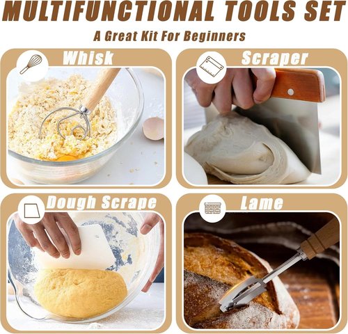 Banneton Bread Proofing Basket, XOHUYD Sourdough Bread Baking Supplies, 9" Round Sourdough Starter Kit, Bread Baking Supplies with Sling, Baking Mat, Natural Rattan Proofing Baskets Set of 2