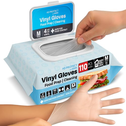 Keppi 110 Pack Clear Vinyl Gloves – Disposable, Latex-Free, BPA-Free, Powder-Free – Food Safe Plastic Gloves for Cooking, Cleaning, Food Prep, Catering, BBQ, Baking & Restaurant Use - (Medium)