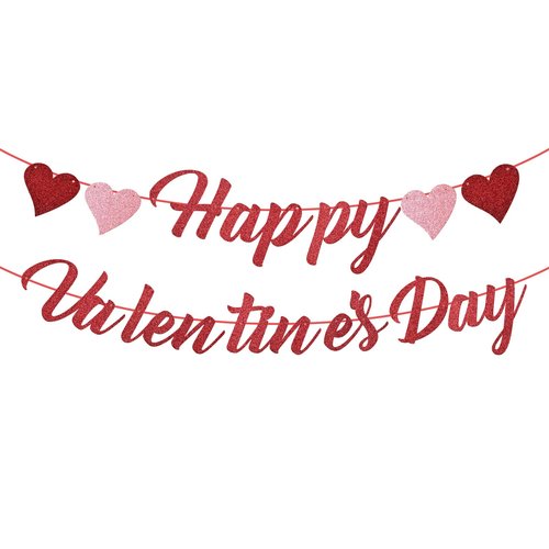 Glitter Happy Valentine's Day Banner with Hearts - Festive Valentine's Decor for Home, Party, Classroom - Red & Pink Romantic Sign for Valentine’s Holiday Decoration