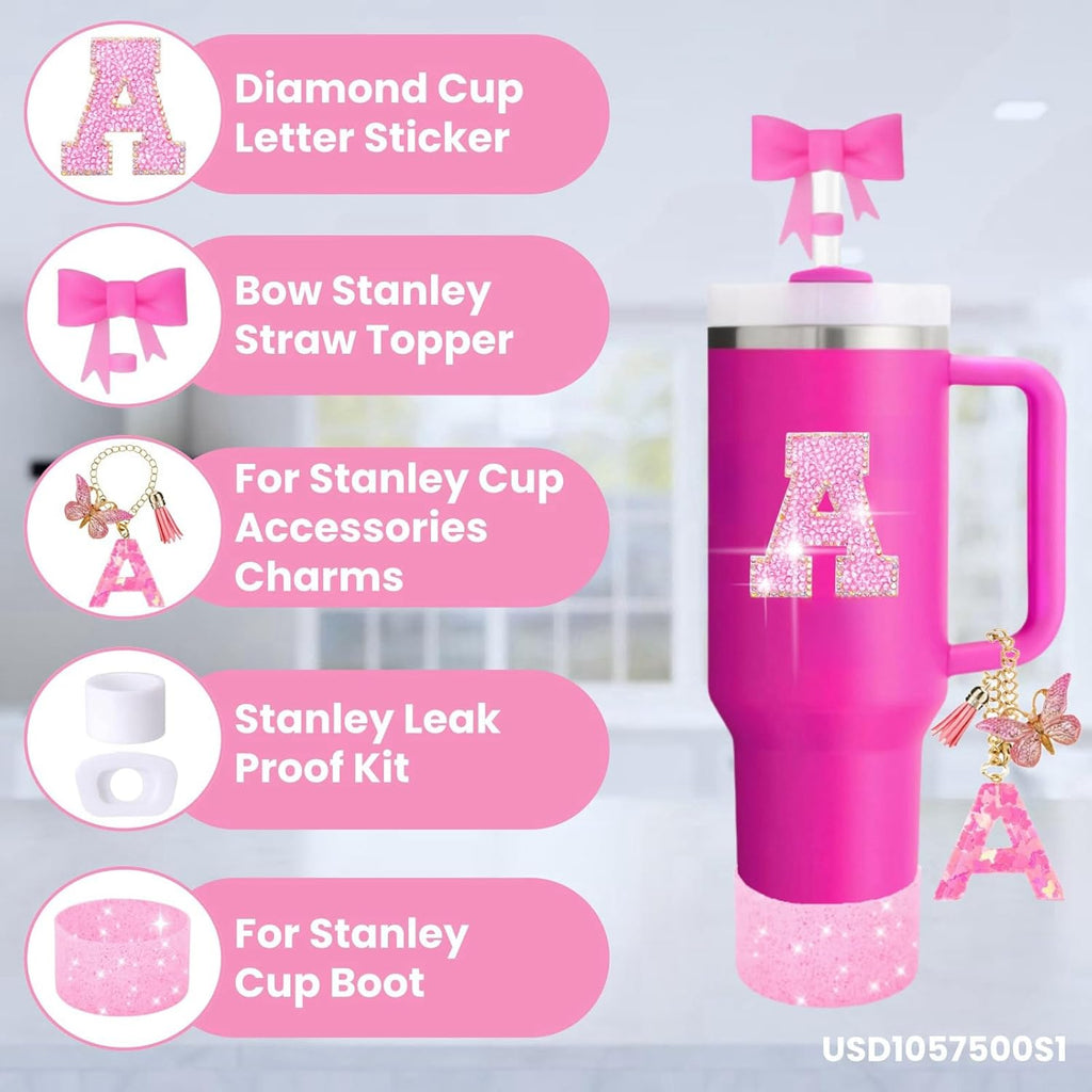 Stanley Cup Accessories Set - 6PCS Pink Initials Decorations for 30oz & 40oz Cups | Includes Bow Straw Topper & More