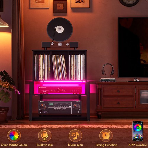 Homieasy Record Player Stand with Power Outlet & Smart LED, 3-Tier Vinyl Record Storage Cabinet for 200+ Albums, 22" Turntable Station with Wooden Dividers, Modern End Table for Small Space, Black