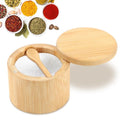 Londehuhai Magnetic Rotating Lid Bamboo Spice Jar with Built in Spoon, 6oz Salt Cellar Small Sal-t Box, Kitchen Salt Pepper Shaker, Easy-Pour Spice Dispenser for Sugar, Herbs, Seasonings(COLOR:Wood)