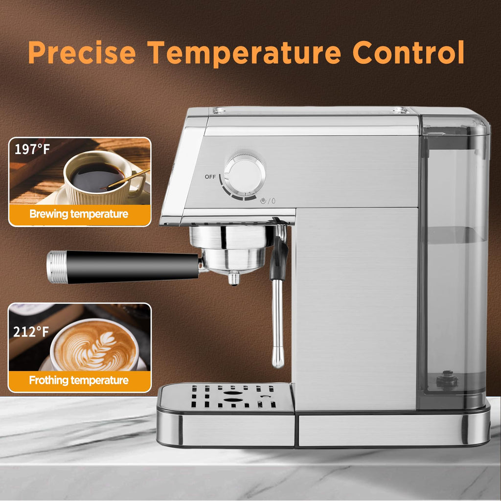 Ollygrin Espresso Machine,15 Bar Semi-Automatic Espresso Maker with Milk Frother,Compact Stainless Steel Coffee Machine with 40oz Removable Water Tank for Cappuccino,Latte, Americano,Sliver for Home
