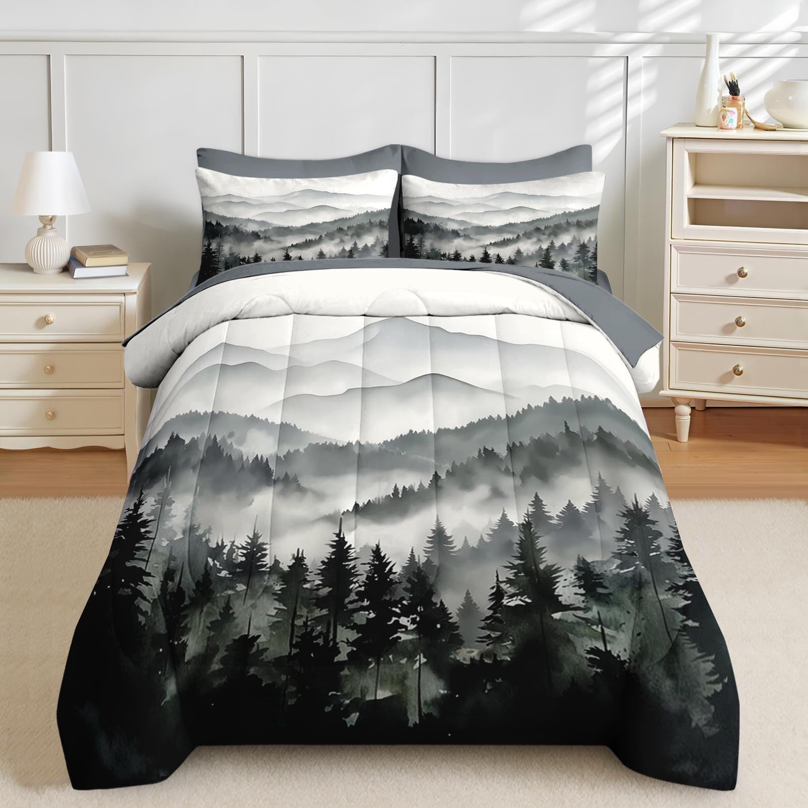 Nesker Comforter Set Queen Size, Ink Forest 7 Pcs Bedding for Kids and Adults, Misty Mountains Bed Sheet Sets with Fitted Sheet 2 Pillowcases & 2 Shams