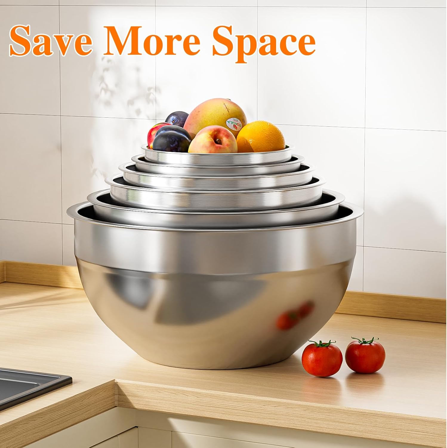 Stainless Steel Mixing Bowls Set by [Brand Name] - 6 PCS with Lids & 3 Grater Attachments | Large Nesting Sizes 4.5QT to 0.7QT