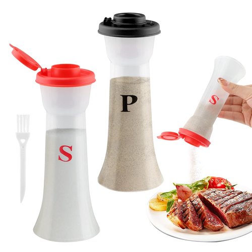 2 Pcs Plastic Salt And Pepper Shakers With Lids, Salt And Pepper Containers, Hourglass Spice Jar Dispenser for Camping Outdoors Kitchen Lunch, Moisture-Proof(COLOR:Red+Black)