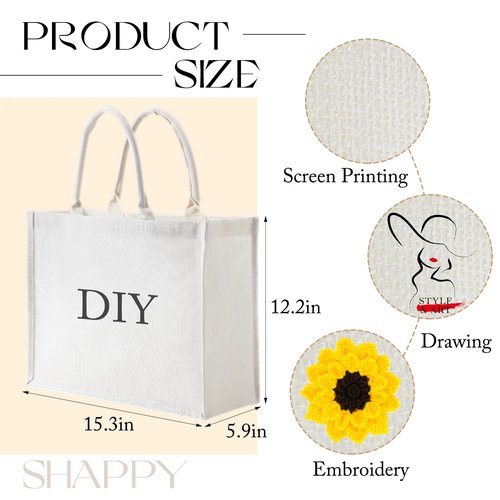 Shappy 10 Pack Burlap Tote Bag Set, Reusable Blank Jute Burlap Grocery Bag with Handle for Bridesmaid Gift Shopping DIY(White)