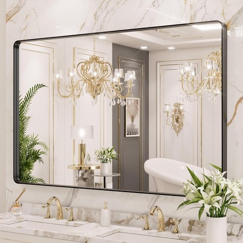 LOAAO Black Metal Framed Bathroom Mirror - 48x40 Inch Rounded Rectangle, Anti-Rust, Versatile Hanging Options