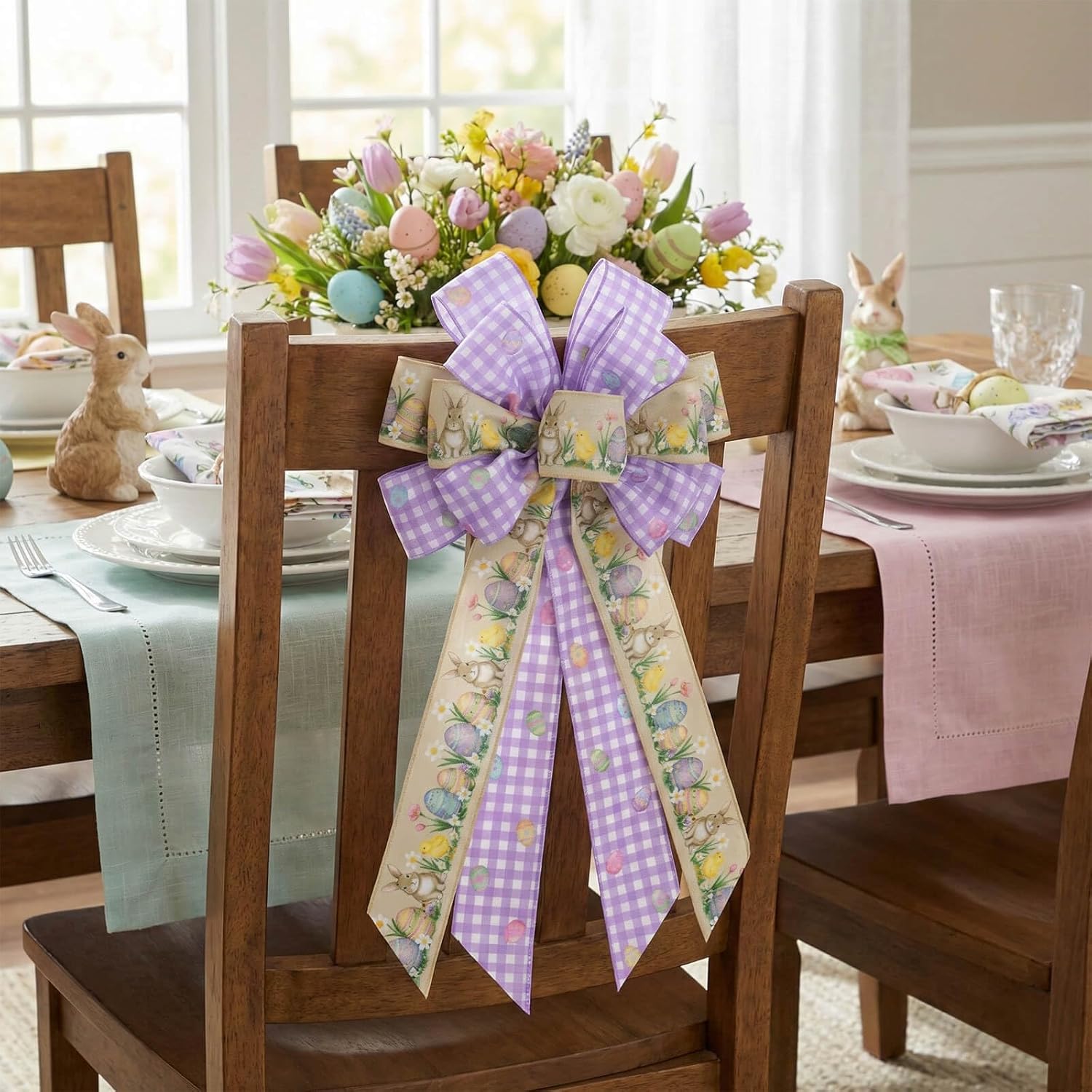 Purple Gingham Easter Bunny Wreath Bow - 21 Inch Wired Ribbon for Front Door & Spring Decor