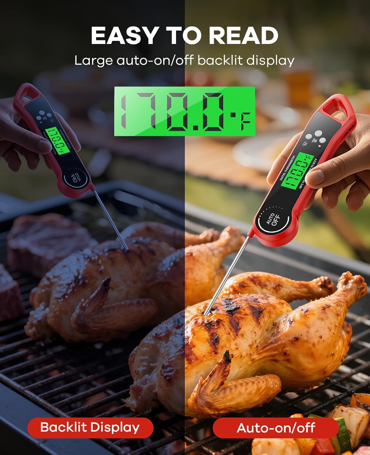 Skiennix Digital Meat Thermometer - Instant Read with Backlight & Waterproof Design | Perfect for BBQ, Turkey, and Candy