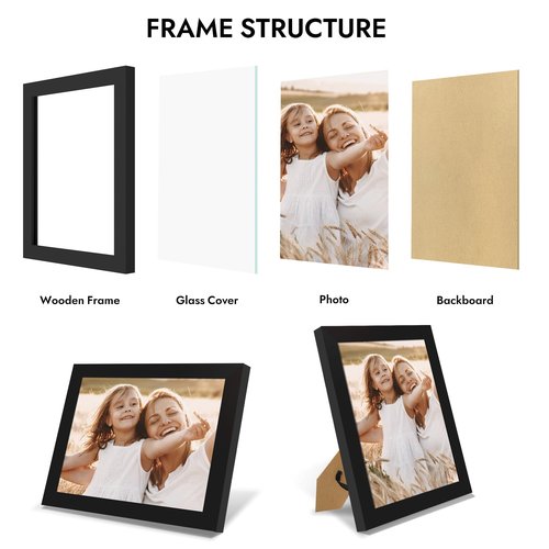 Hongkee 8x10 Picture Frame, Made of Real Glass and Wooden Frame, Horizontal and Vertical Display for Wall or Tabletop (Black, 1 Pack)