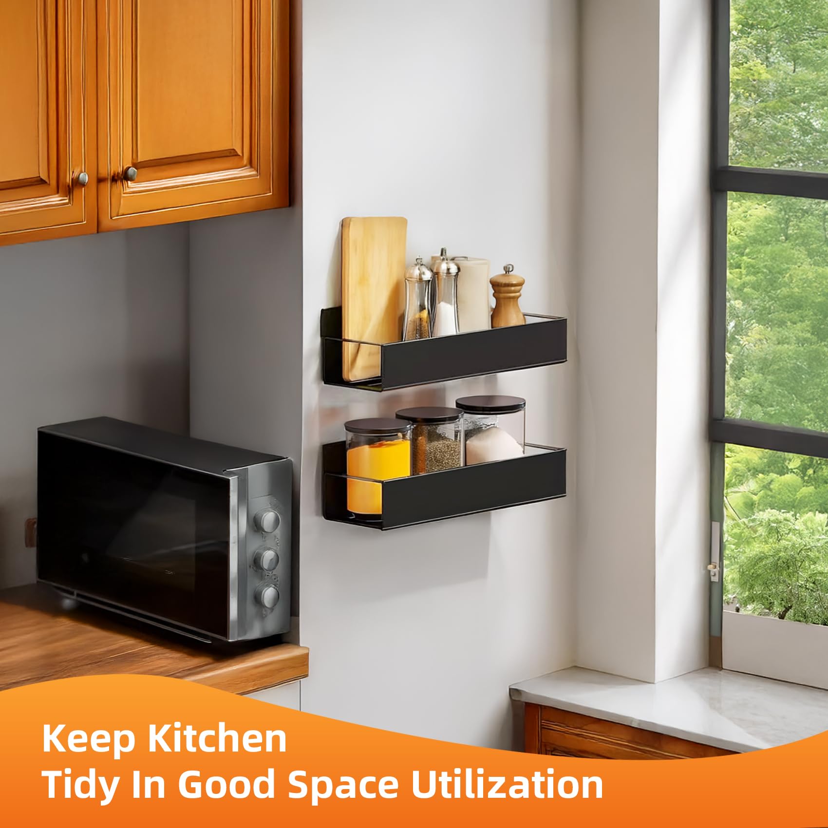 SYLLENHOD Kitchen Spice Rack for Wall: 2 Packs Black Adhesive Spice Racks Wall Mount - 11.8" Large Hanging Storage Organizer Cabinet Without Drilling for Work Room Bathroom Shelves