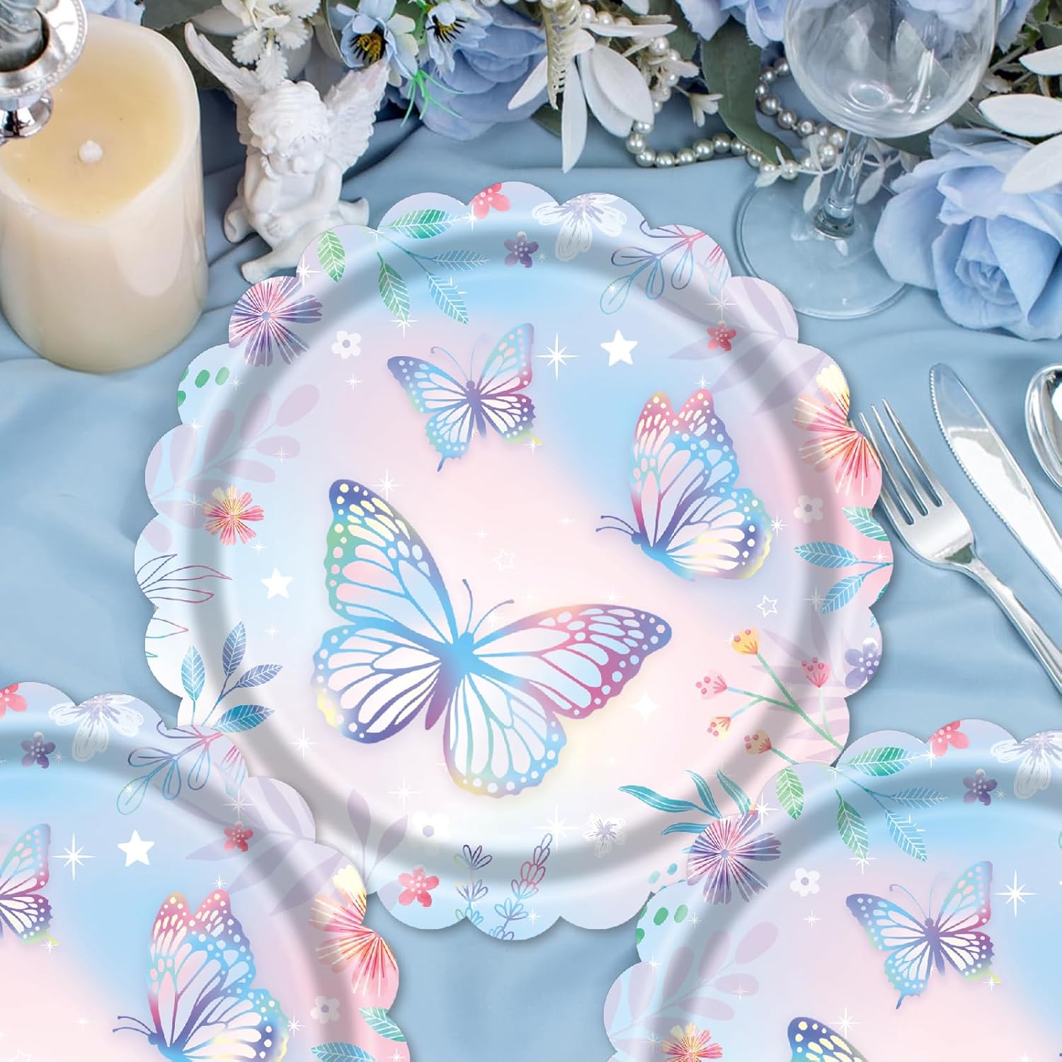 Skiennix 7-Inch Butterfly Paper Plates - 40 Count Disposable Dessert Plates for Birthday Parties & Baby Showers