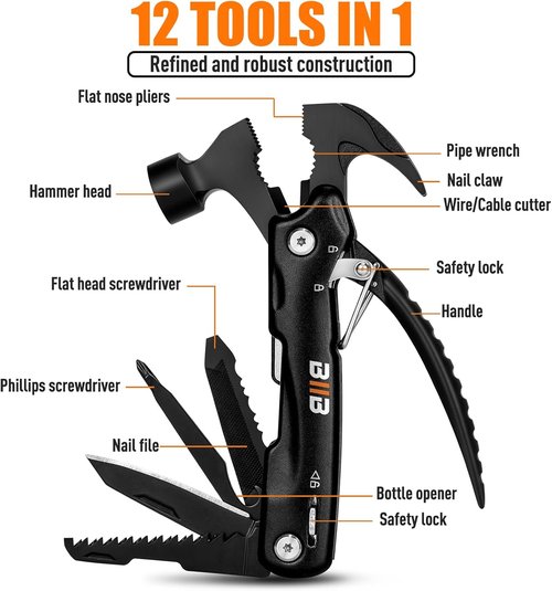 BIIB 12-in-1 Hammer Multitool - Ultimate Gift for Men | Perfect for Father's Day, Birthdays & Camping Essentials