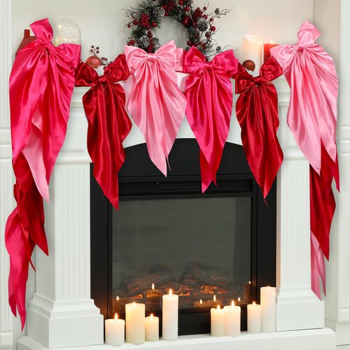 Pink Bow Garland Banner for Bachelorette Party Decorations Satin Ribbon Bow Knot Hanging Garland Banner Red Birthday Decor for Bridal Shower Wedding Engagement Party Supplies Favors (3 Red)