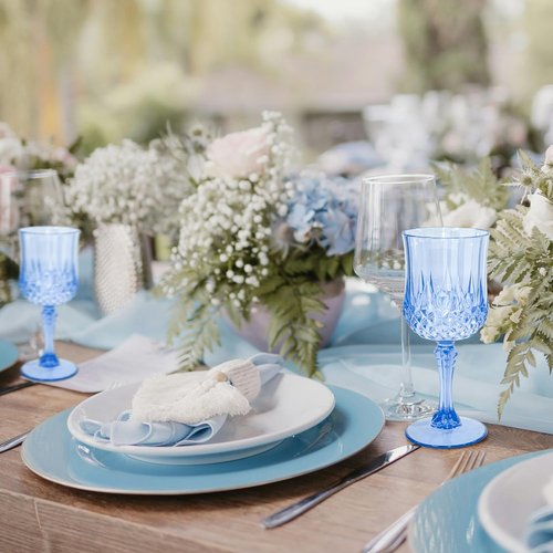 CHLJAR 48 PCS Blue Plastic Wine Glasses 7oz, Reusable Drinkware Vintage Plastic Goblets for Parties Baby Shower Wedding Reception Grand Event Party, Blue