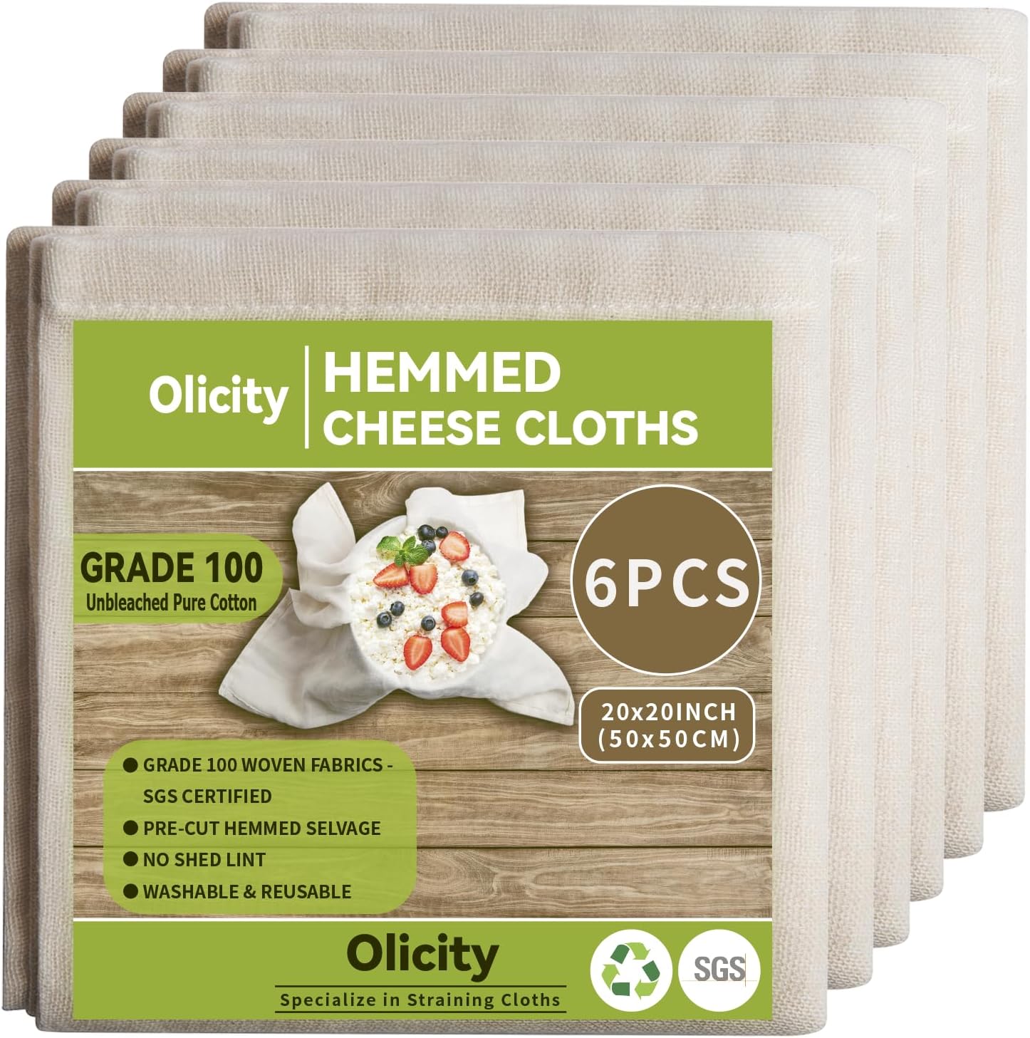 Olicity Cheese Cloths - 100% Cotton Reusable Fine Mesh Fabric | 20x20 Inch, 6PCS for Straining & Cooking