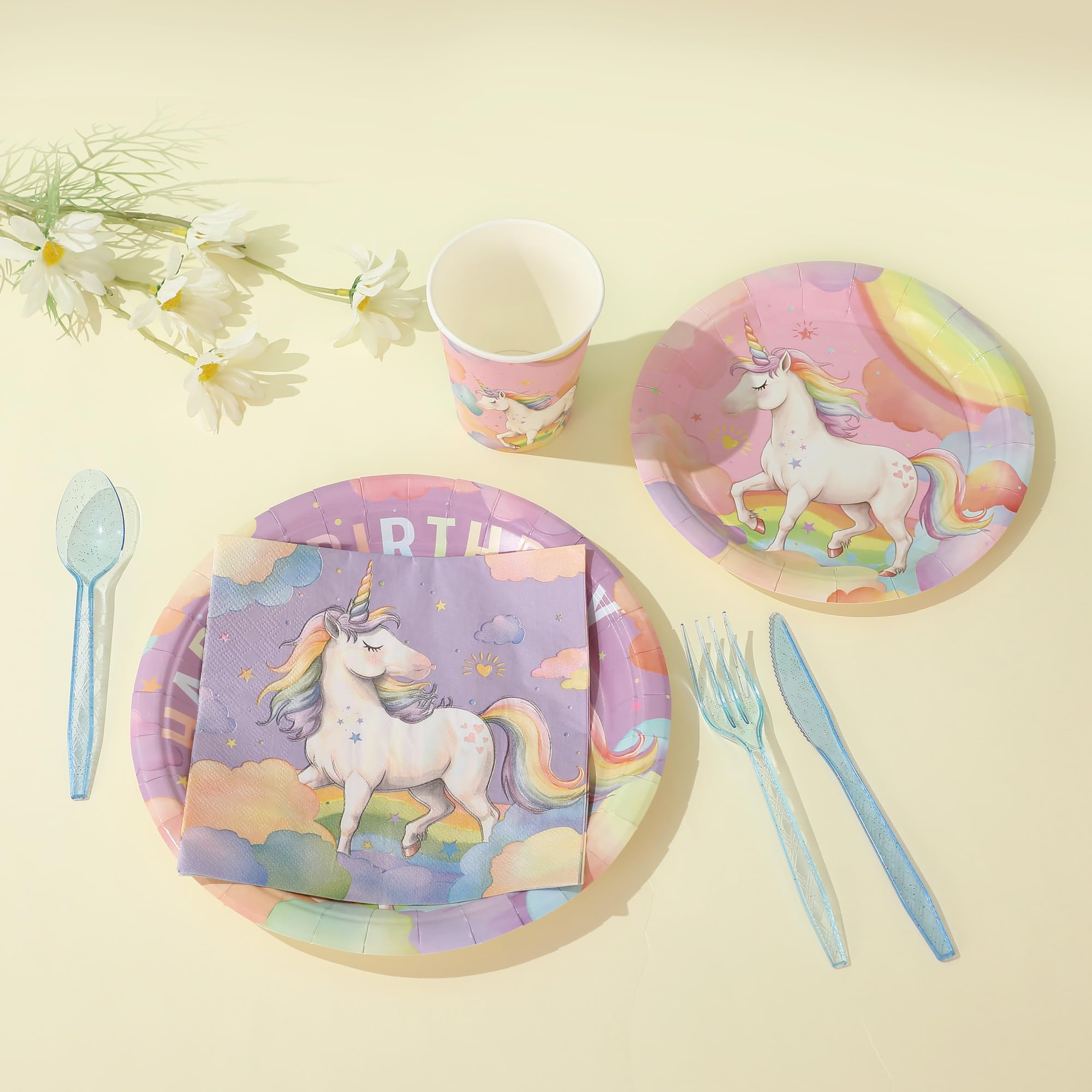 Zotmala Birthday Party Supplies Kit for 24 Guests, 170 Pcs for Unicorn Birthday Decorations, Includes Dinner & Dessert Plates, Napkins, Cups, Cutlery, Banner and Tablecloth