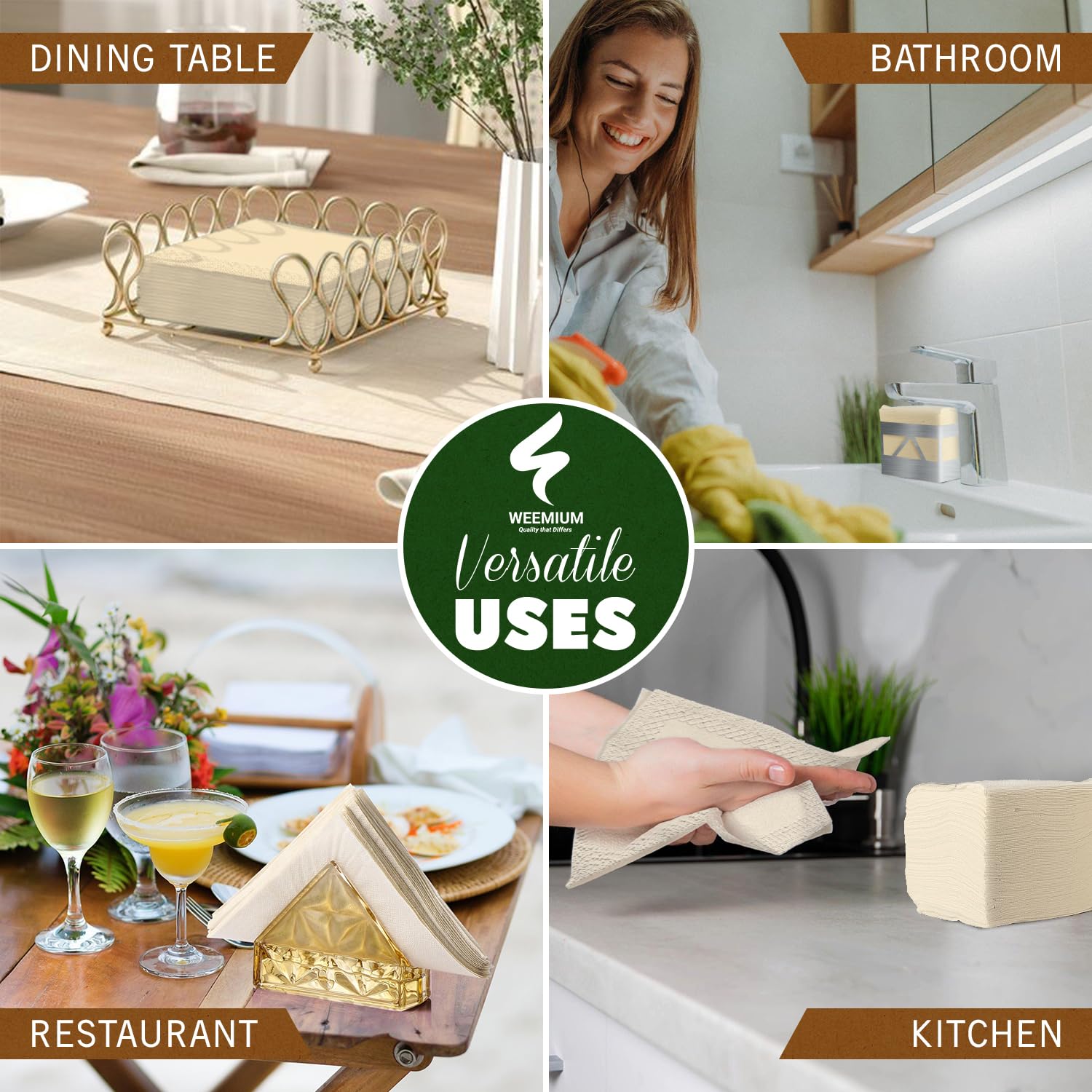Weemium Compostable Napkins Disposable - FSC Certified - Pack of 300, 2-Ply - 5 x 5 Inch Folded - Post-Consumer Recycled Materials - Biodegradable & Highly Absorbent Paper Napkins for Lunch & Dinner