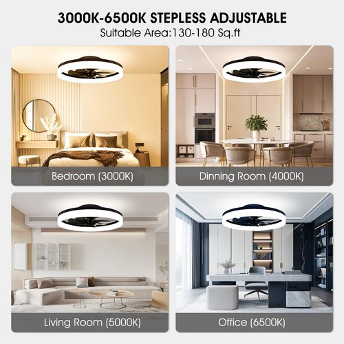 ropelux Ceiling Fan with Light and Remote, Color Temperature Changeable and Dimmable with 6 Speeds for Bedroom,Kids Room (RP1138-Black, 15.7 inches)