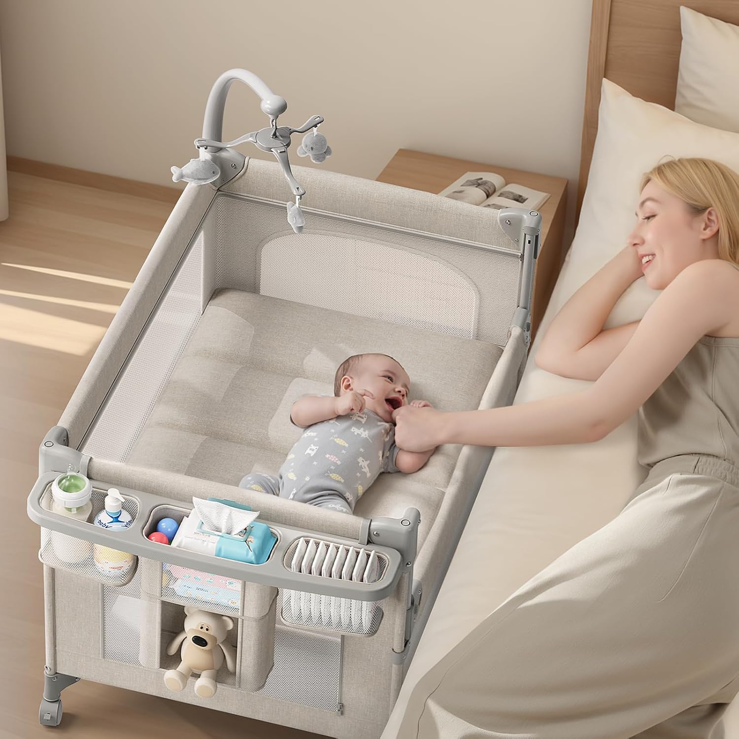 TinyGlow 4-in-1 Baby Bassinet - Portable Crib Sleeper with Mattress & Mosquito Net | Quick Assembly & Easy Carry