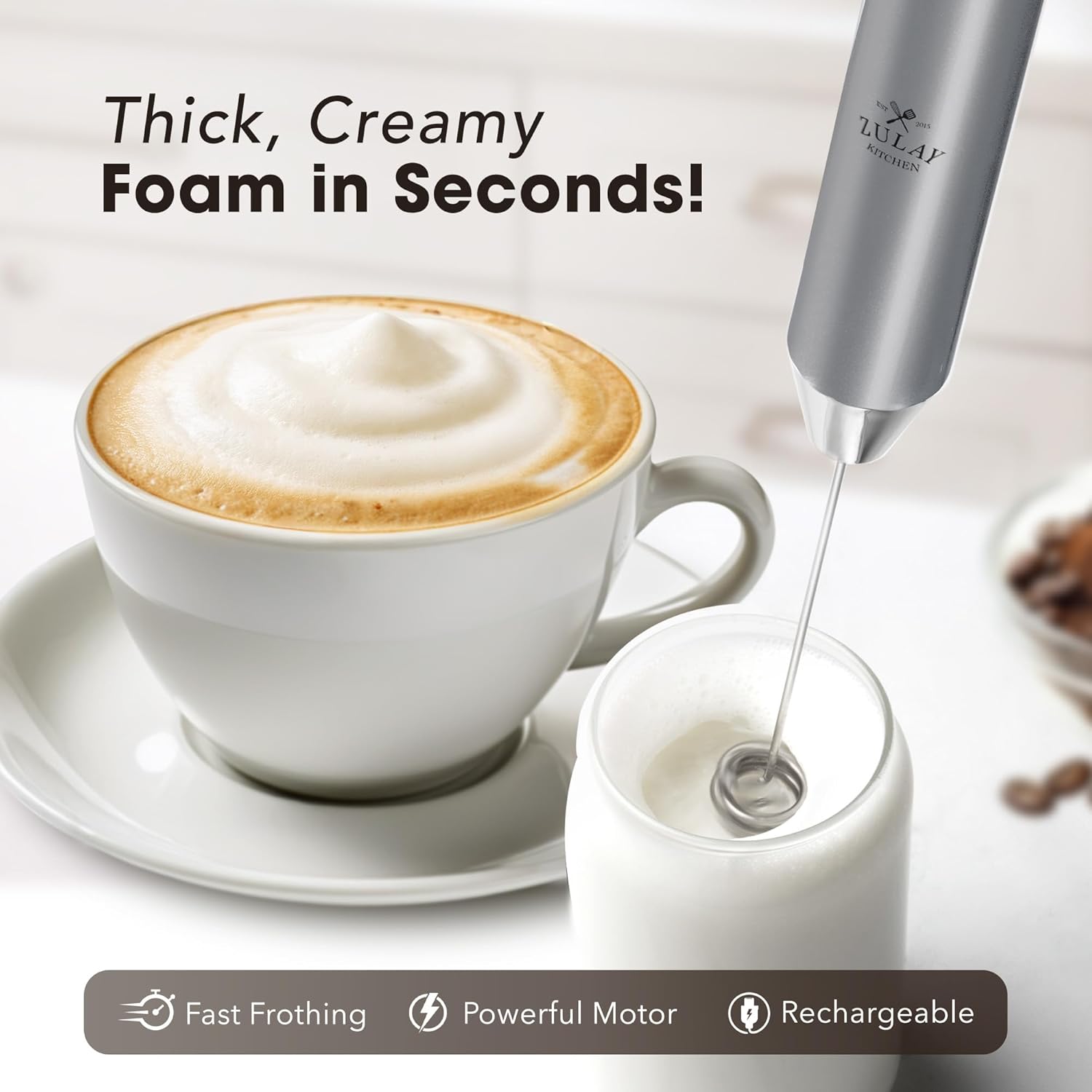 Zulay Kitchen Rechargeable Milk Frother Handheld - Lux 4 Whisks, Powerful 2-Speed Motor, Waterproof, 2000mAh Battery - Drink Mixer for Latte, Cappuccino, Matcha & Protein Powder - Silver