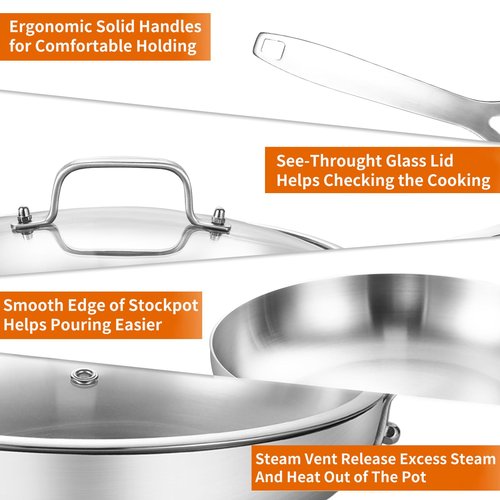 DELARLO Whole Body Tri-Ply Stainless Steel 12 Inch Frying Pan With Lid, kitchen large Skillet Suitable for All Stove Up to 600℉, 18/10 Cookware