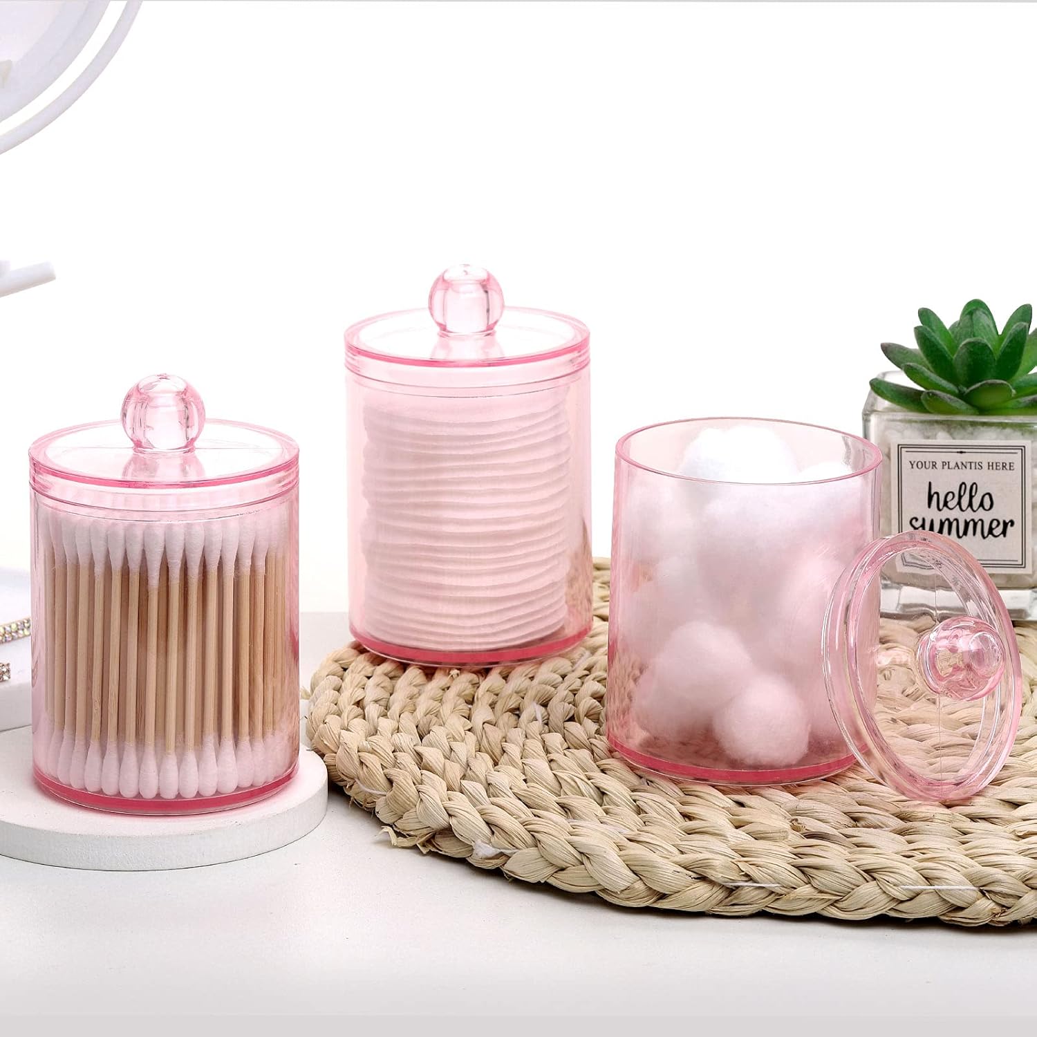 Tbestmax Apothecary Jar - 10 OZ Q-Tips Holder for Bathroom | Pink Cotton Ball & Swab Organizer