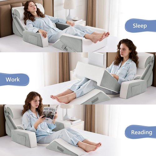 Paxato 9PCS Wedge Pillow Set for After Surgery Recovery, Adjustable Memory Foam Neck Pillow, Foam Leg Pillow, Relieves Neck, Leg Pain, Sleep Apnea, and Functions as a Reading Pillow, Gray