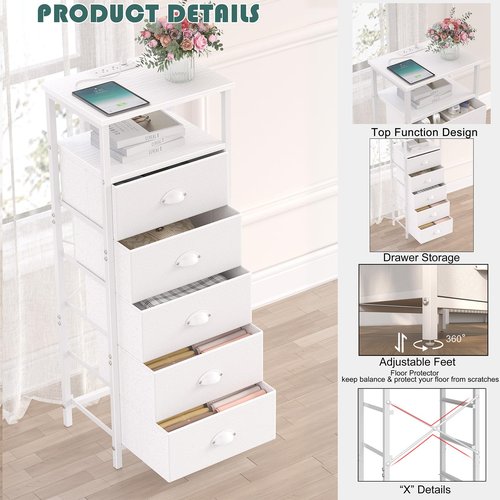 sthmec Nightstand with Charging Station,LED White Nightstands with 5 Fabric Drawers PU Finish, Bedside End Tables, 2-Tier Open Storage Shelf Side Table Nightstand with Drawers for Bedroom,White