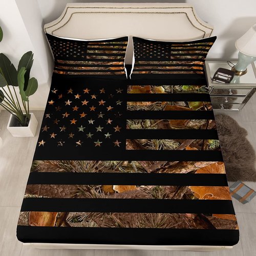 American Flag Camo Bedding Set Queen,Military Hunting Bed Sheets Rustic Tree Leaves Camouflage Bed Sheet Set For Boys Teens Kids Man Nature Conifer Oak Branches Fitted Sheet & Flat Sheet 4 Pcs