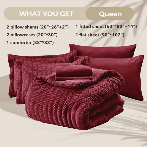 HYMOKEGE Burgundy Queen Comforter Set - 7-Piece All-Season Luxury Bedding Set with Sheets & Pillowcases