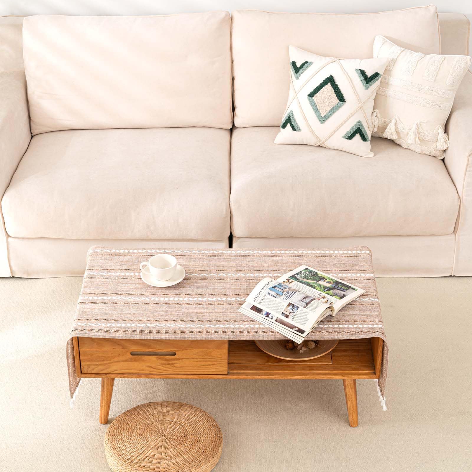 SIELUNO Linen Coffee Table Cloth, Rustic Farmhouse Coffee Table Cover for Living Room Tea Table Washer Dryer Fridge Top Dust Cover-Hollow Light Coffee-20x60inch