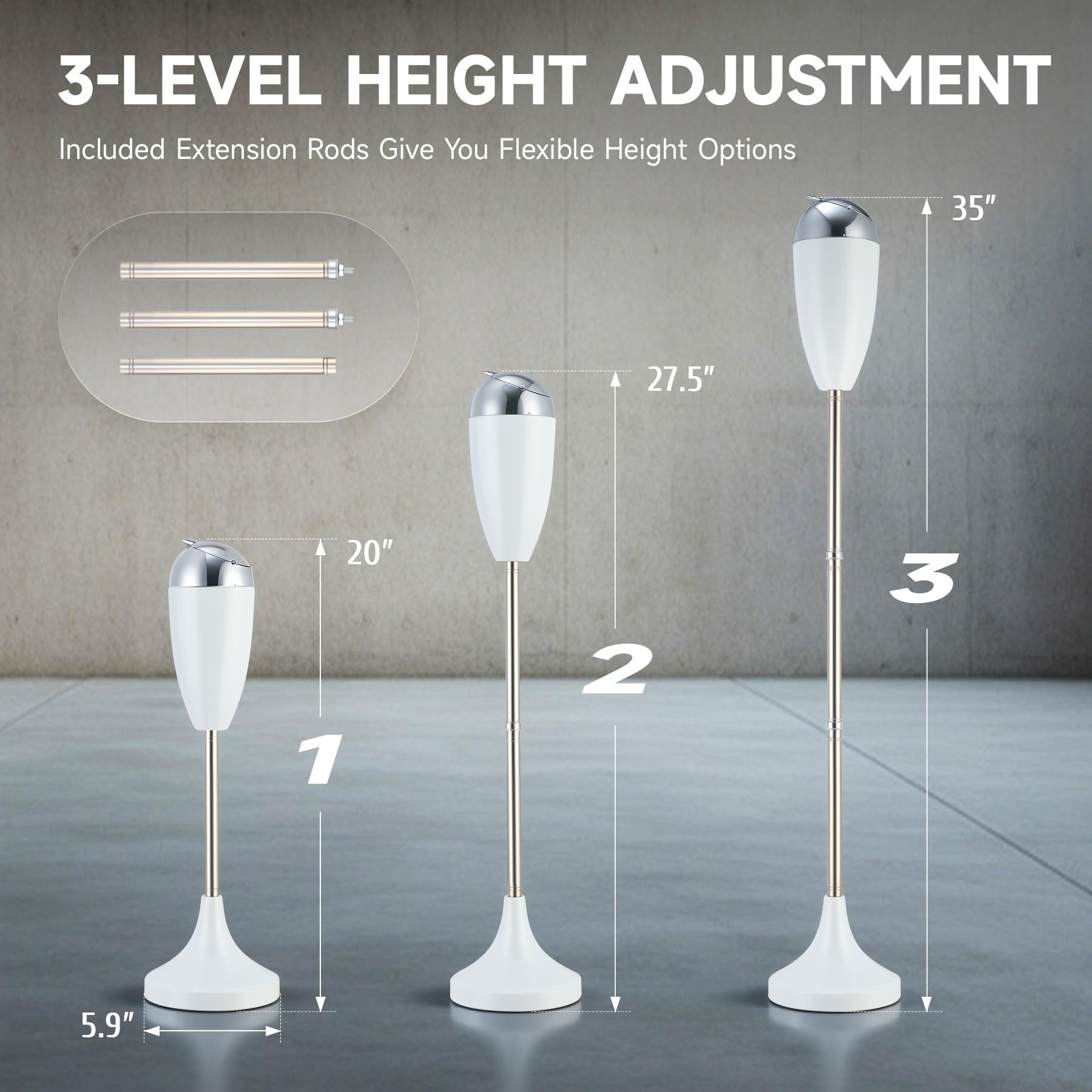 CO-Z Adjustable Floor Standing Ash Tray, Smokeless Outdoor Ashtray with Lid for Home Patio Cigarettes Ash Butt Disposal, Stainless Steel Windproof Stand Ashtray in 20", 27.5", 35" Heights, White