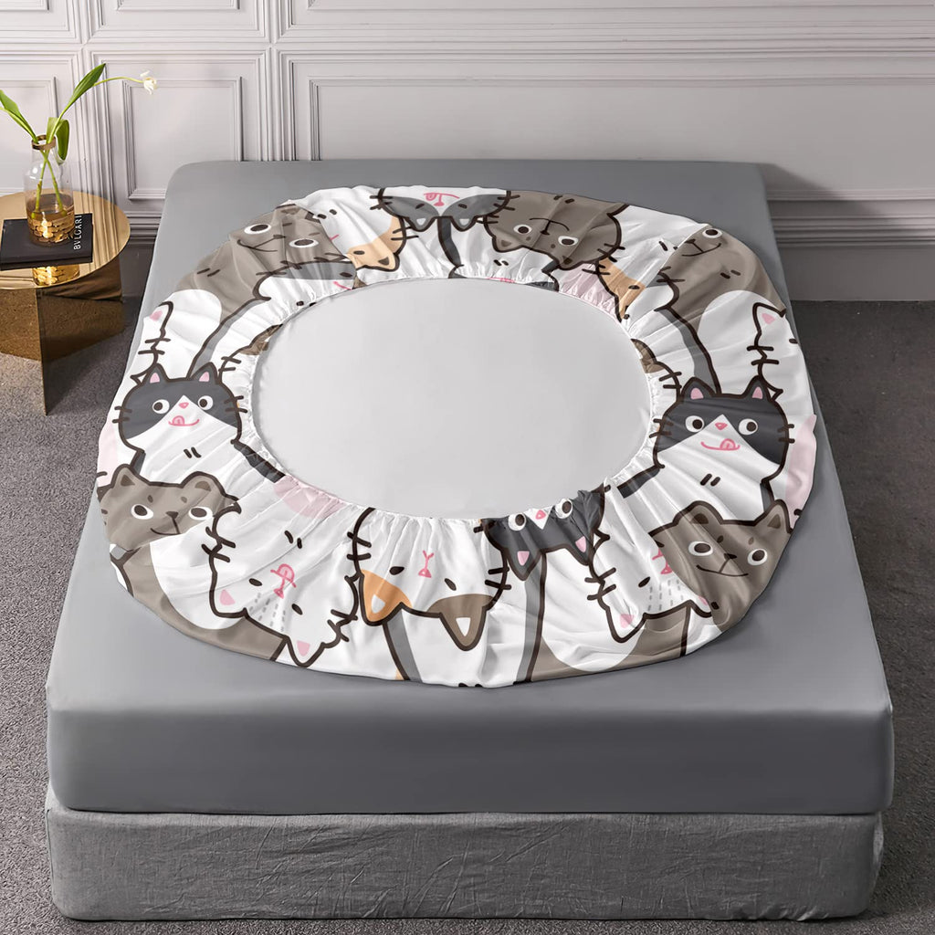 CVHOUSE Cat Fitted Sheet Queen Size,Cartoon Cat Bed Sheet Set for Kids Teens,Kawaii Bedding Set,1 Flat Sheet & 1 Fitted Sheet with 2 Pillow Cases - 4 Piece