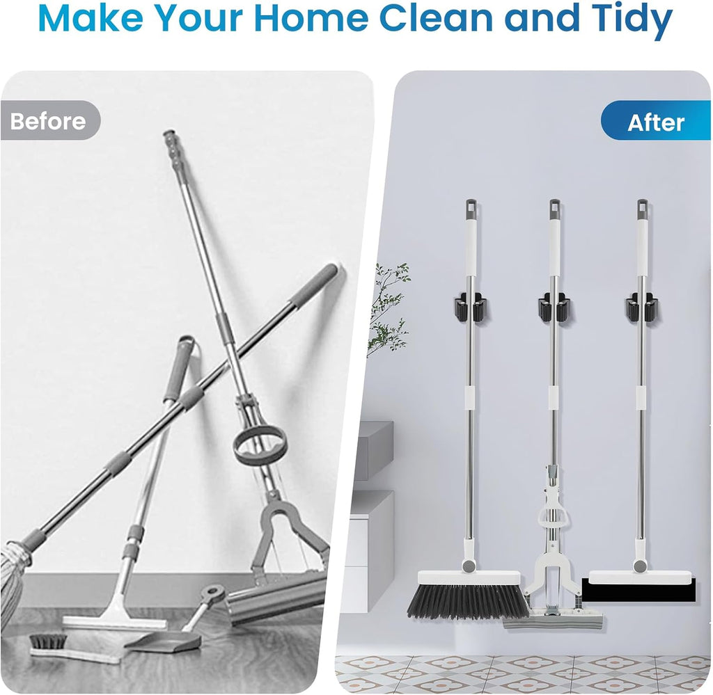 Skiennix Broom Holder Wall Mount - 7PCS Heavy-Duty Stainless Steel Mop Organizer | Black
