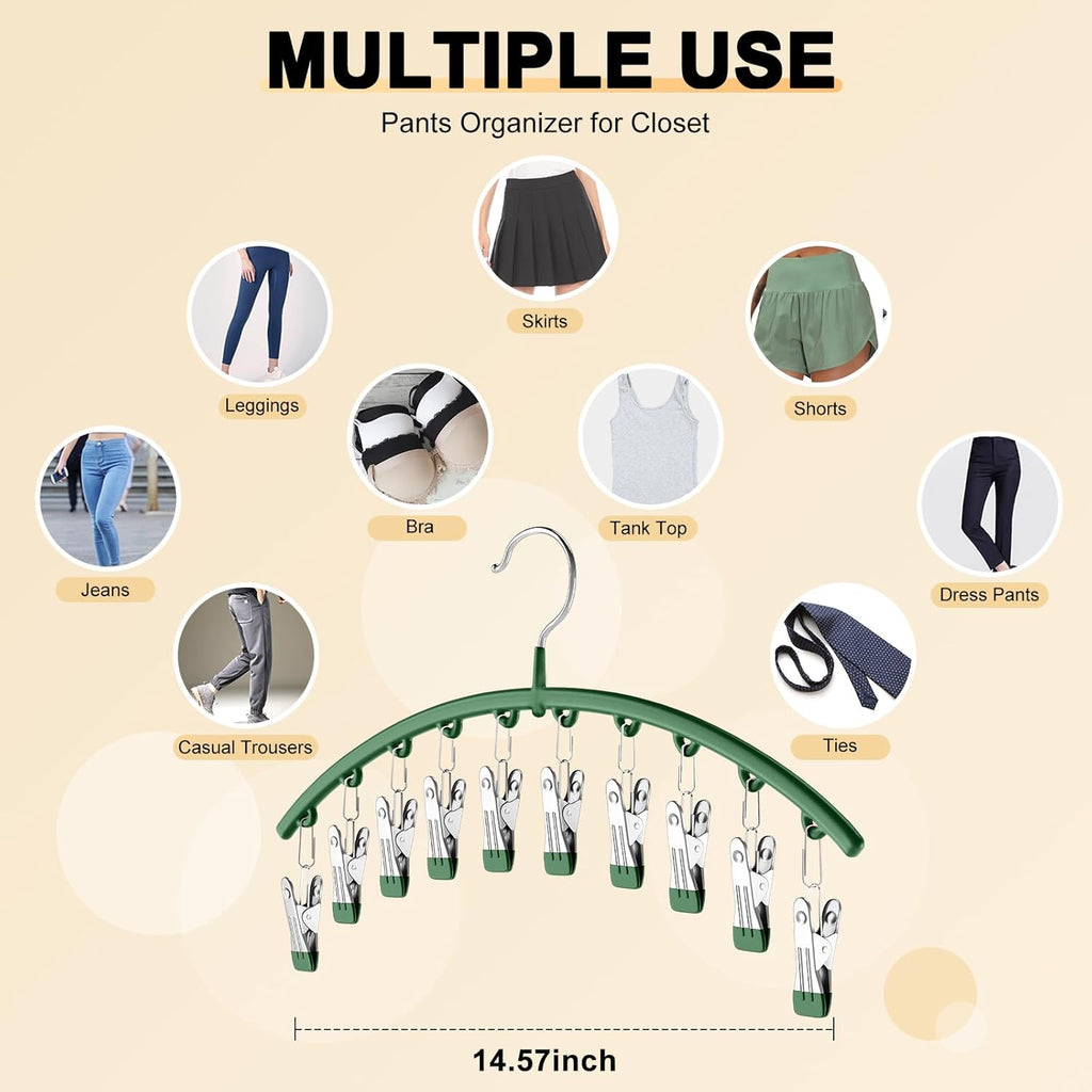 Skiennix Legging Organizer - Space-Saving Metal Yoga Pants Hangers | 4 Pack with 10 Clips, Green