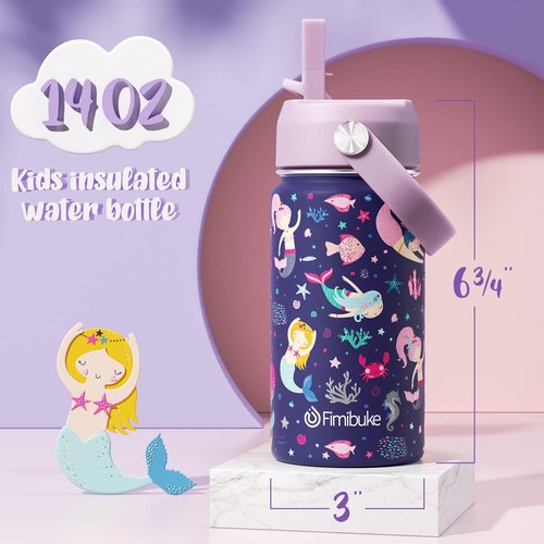 Fimibuke Kids Insulated Water Bottle - 14oz BPA-Free Stainless Steel Tumbler | Leak-Proof Mermaid Design