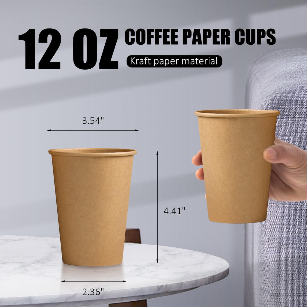 Clawsoff 180 Pack 12 OZ Paper Cups, Brown Kraft Disposable Paper Coffee Cups 12 oz, Unbleached Paper Cups for Hot/Cold Beverage Party, Picnic, Travel, and Events.