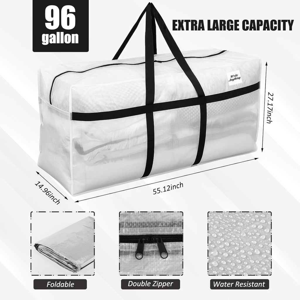Skiennix 96 Gallon Heavy-Duty Moving Bags - Extra Large Foldable Storage Tote with Zipper Handle (Clear)