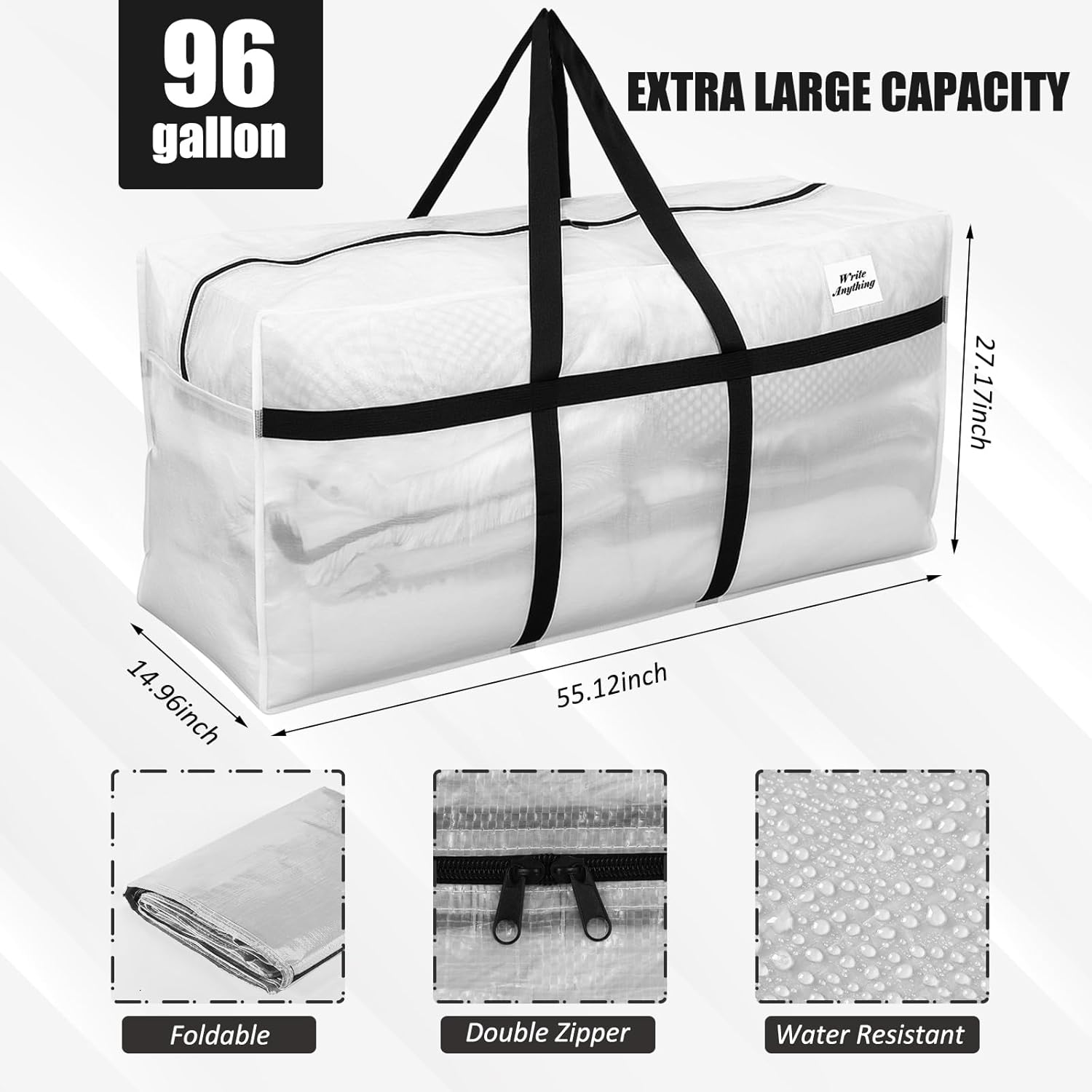 Skiennix 96 Gallon Heavy-Duty Moving Bags - Extra Large Foldable Storage Tote with Zipper Handle (Clear)