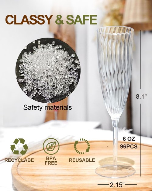 Walee Koky Clear Plastic Champagne Flutes, 96 PCS Disposable Reusable Cocktail Cups for Home Daily Life Party Birthday Wedding Toasting Drinking Champagne (6 oz)