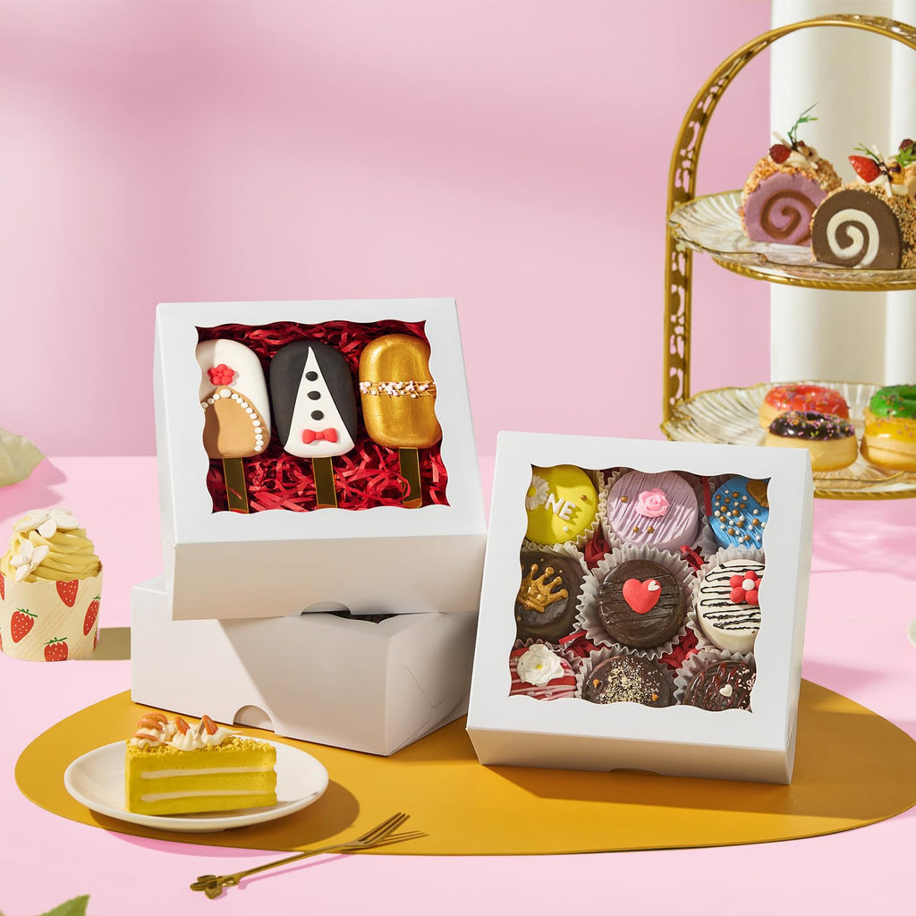 SLShePack 20pcs 6"x6"x2½ White Bakery Boxes with Window Cookie Boxes Small Cake Boxes Macaron Boxes Pie Boxes Truffle Chocolate Boxes