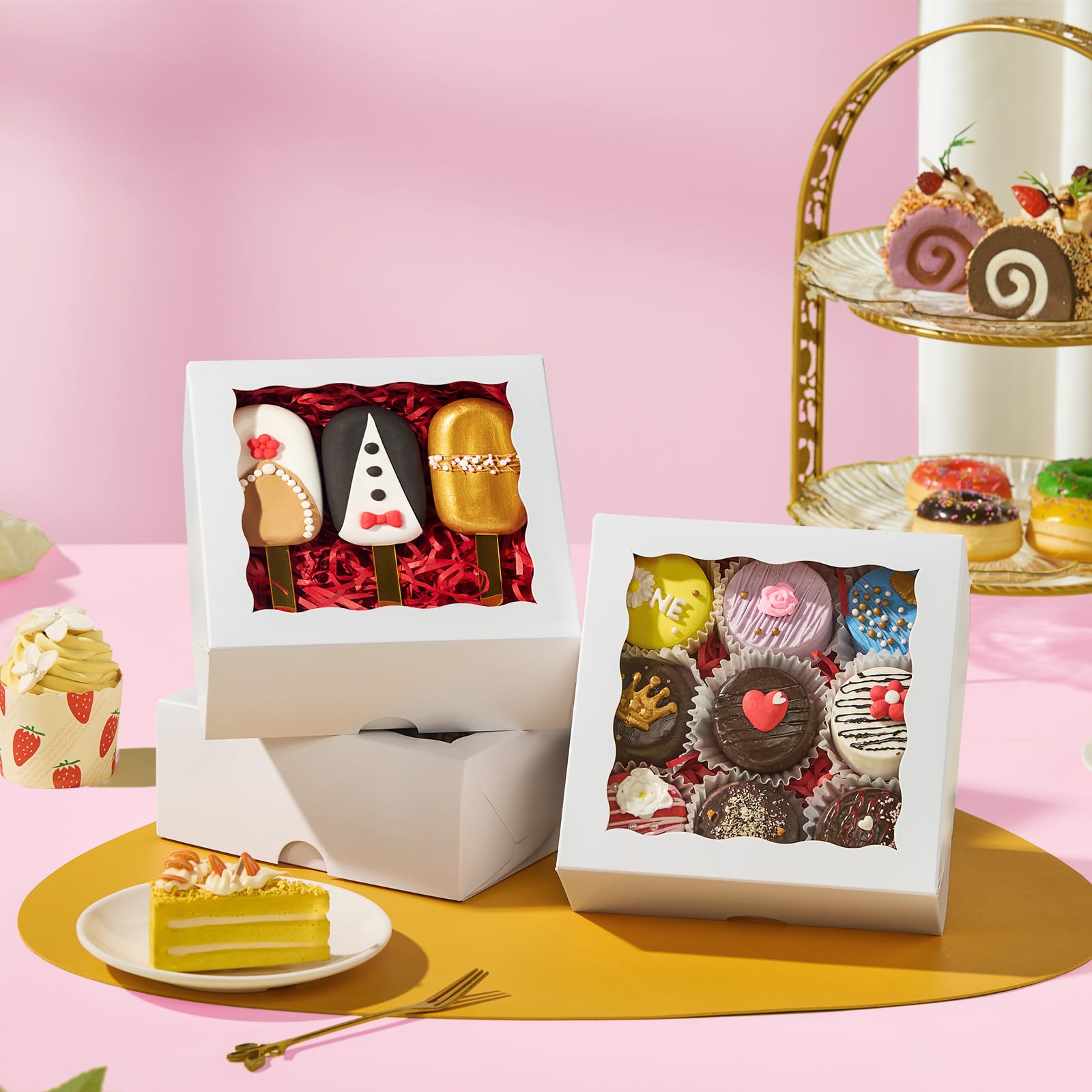 SLShePack 20pcs 6"x6"x2½ White Bakery Boxes with Window Cookie Boxes Small Cake Boxes Macaron Boxes Pie Boxes Truffle Chocolate Boxes